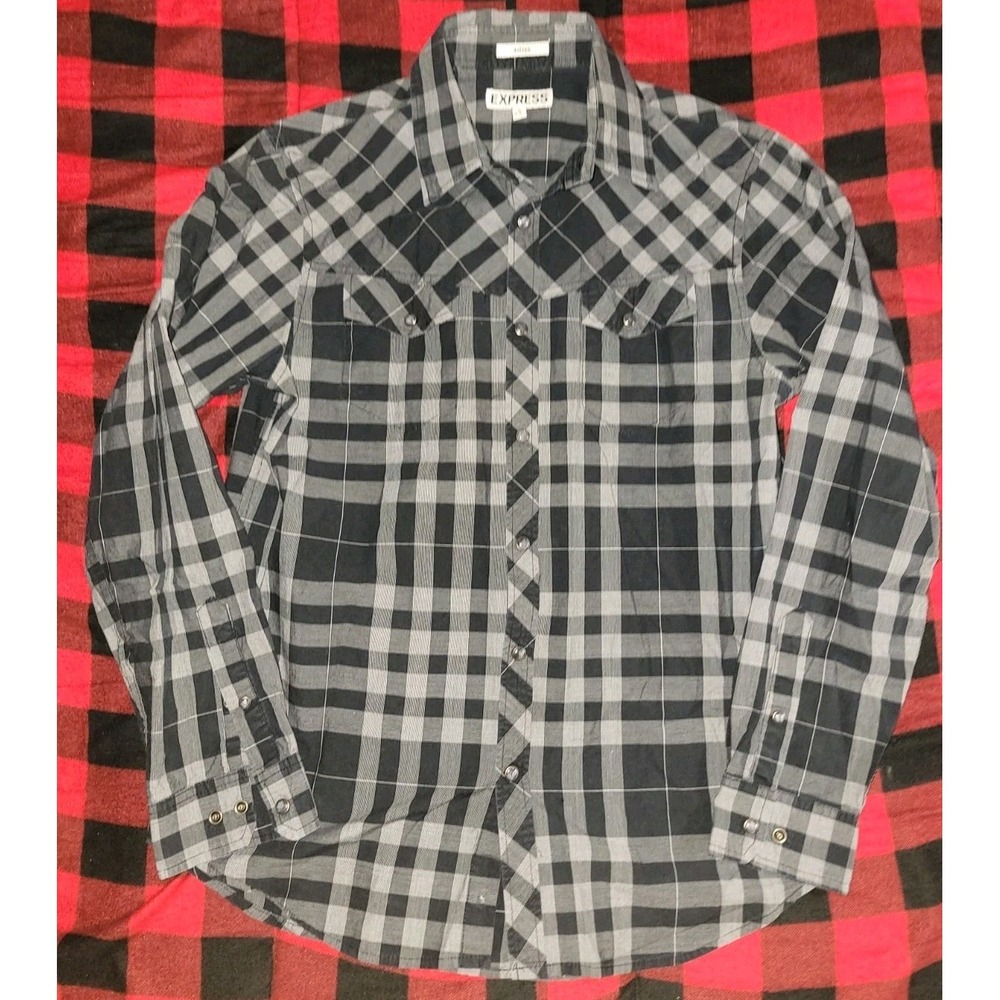 Express Button Down Shirt‎ Casual Plaid Men's Medium Black 122